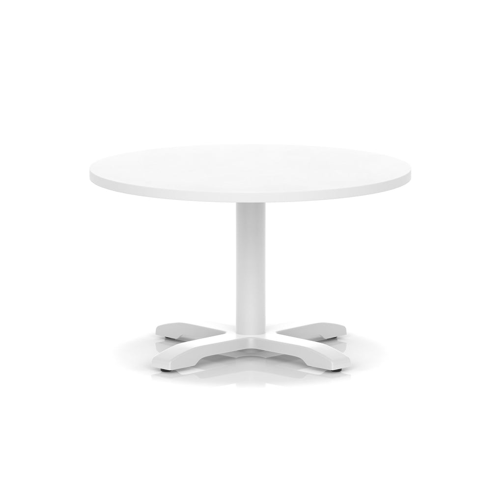 White round coffee table with metal base on a white background
