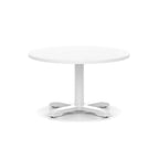 White round coffee table with metal base on a white background