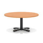 Round coffee table with grey wood-effect top and black metal base on a white background