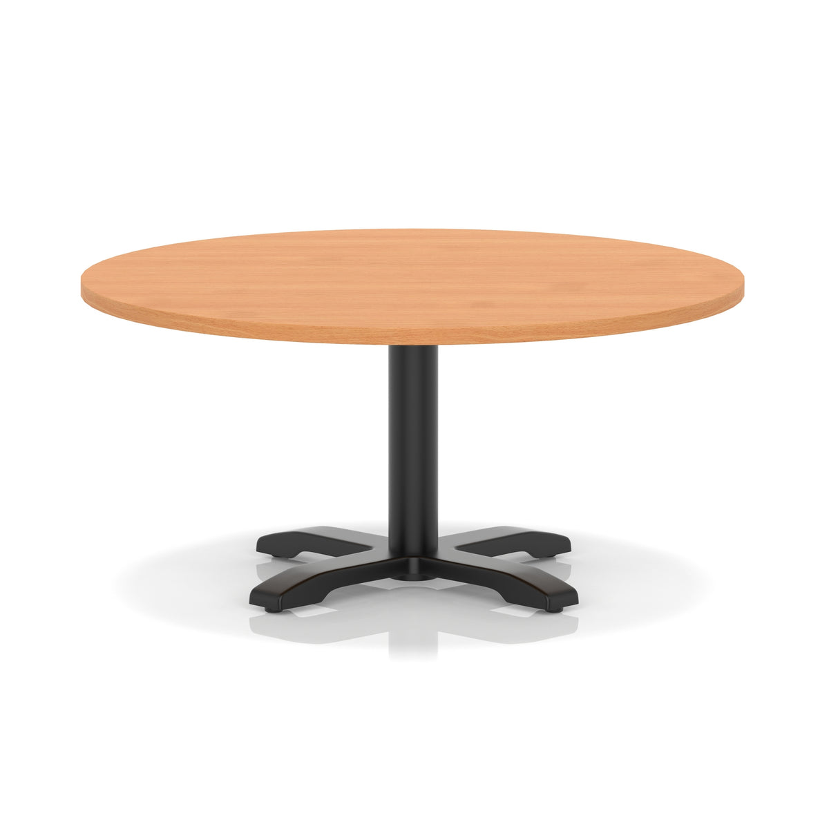 Round coffee table with grey wood-effect top and black metal base on a white background