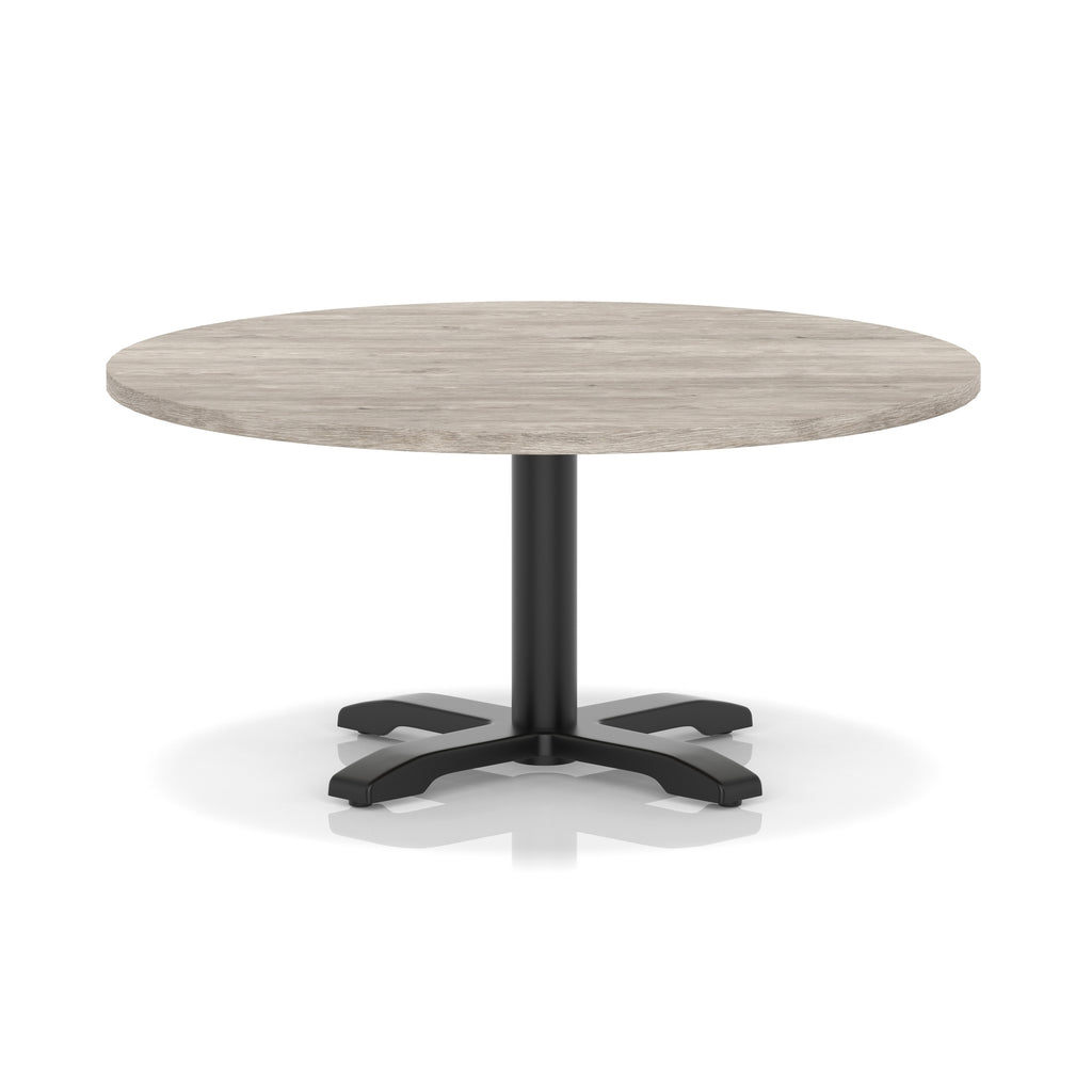 Round coffee table with grey wood-effect top and black metal base on a white background