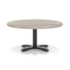 Round coffee table with grey wood-effect top and black metal base on a white background
