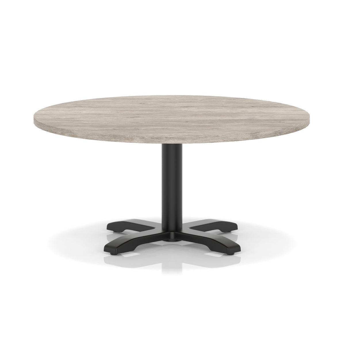 Round coffee table with grey wood-effect top and black metal base on a white background