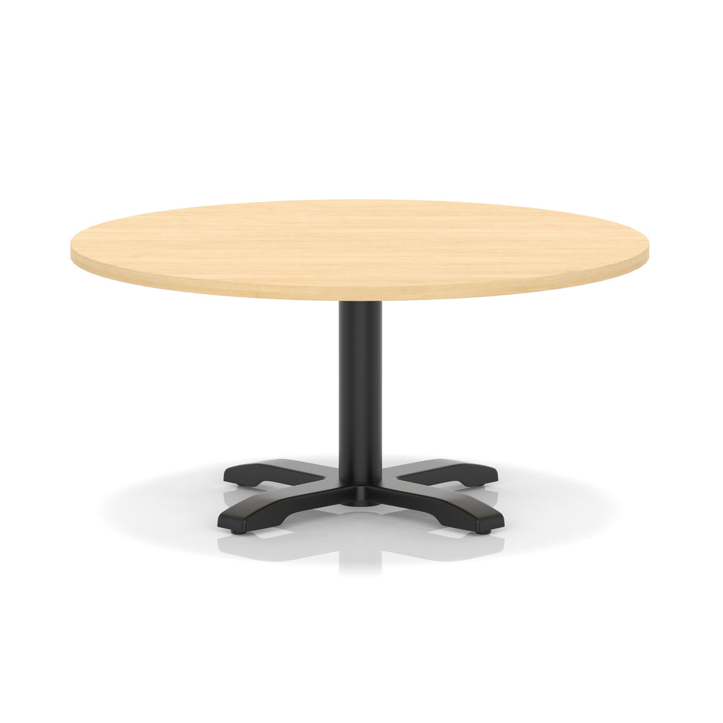 Round coffee table with wood-effect top and black metal base on a white background