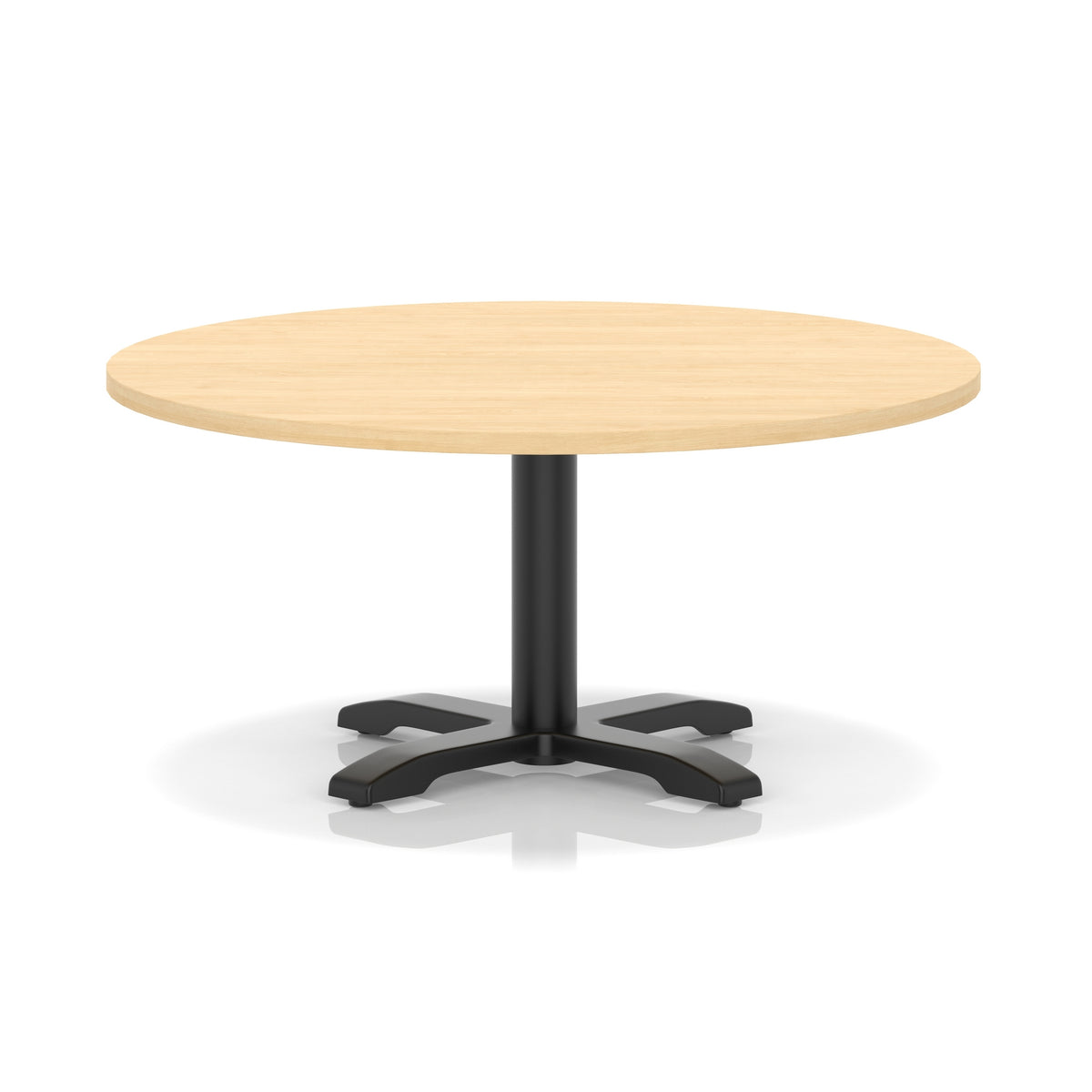 Round coffee table with wood-effect top and black metal base on a white background