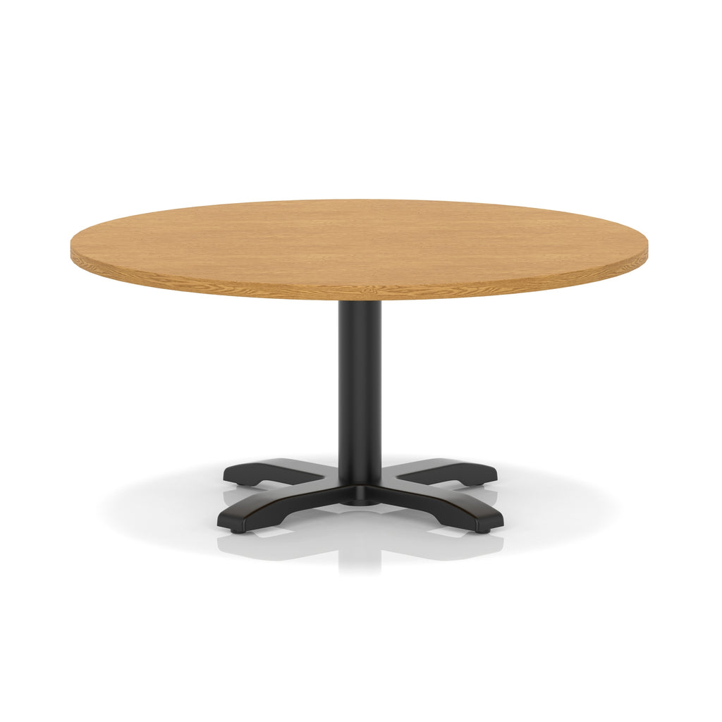 Round coffee table with wood-effect top and black metal base on a white background