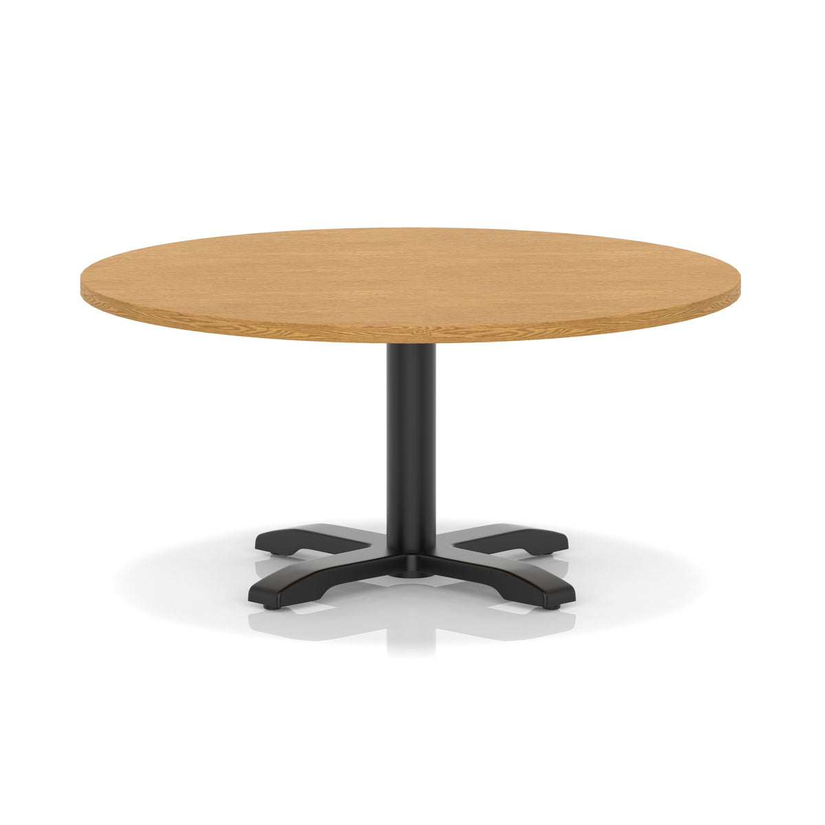 Round coffee table with wood-effect top and black metal base on a white background