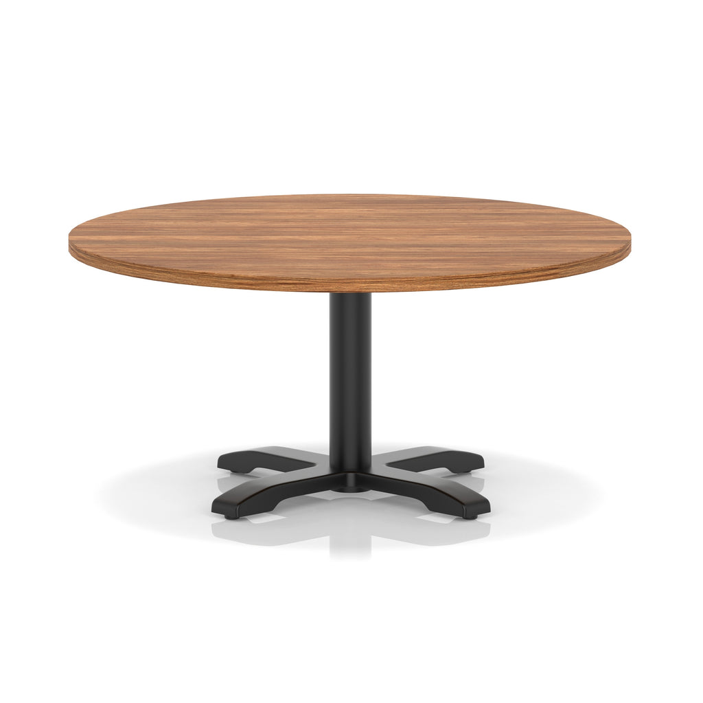 Round coffee table with wood-effect top and black metal base on a white background