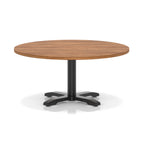 Round coffee table with wood-effect top and black metal base on a white background