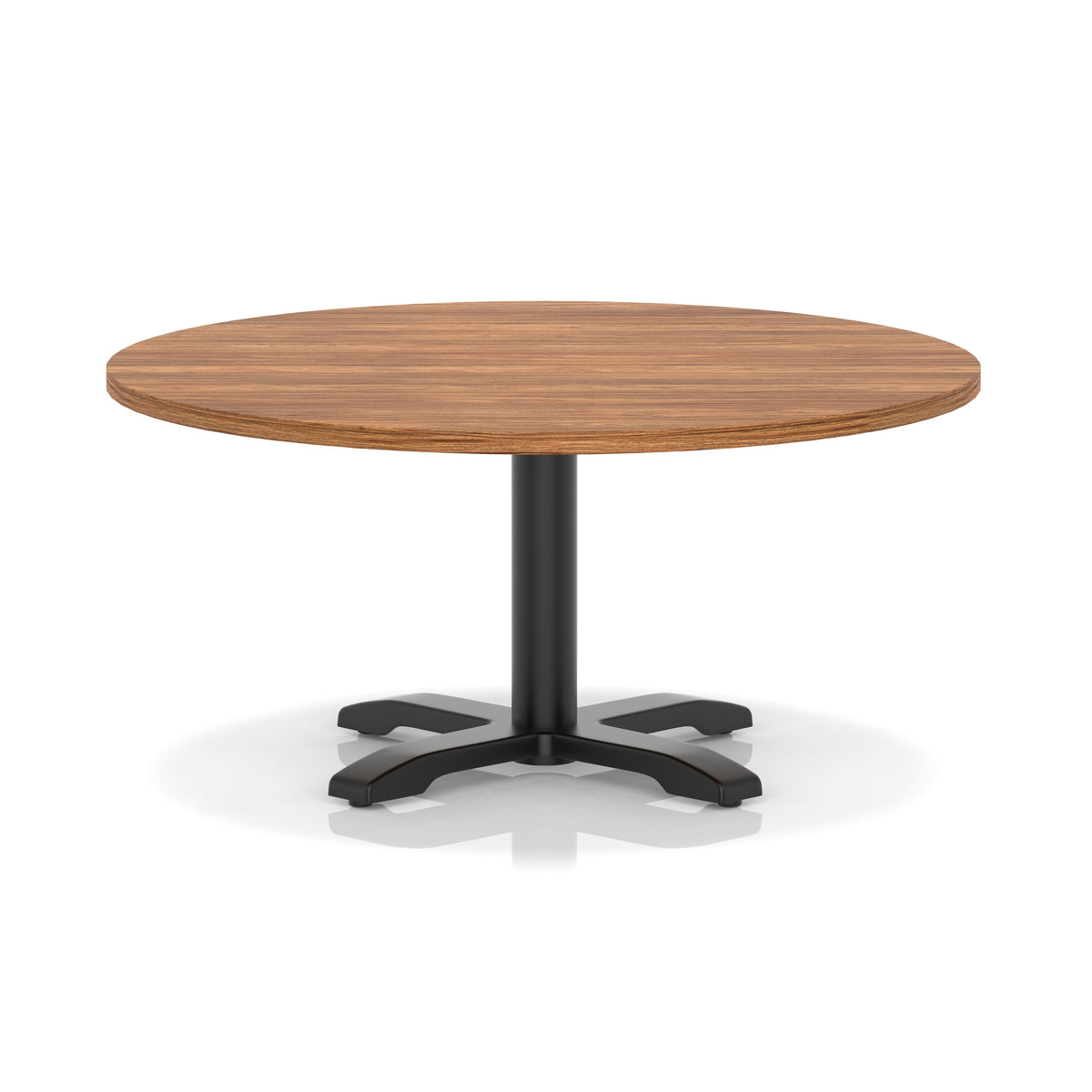 Round coffee table with wood-effect top and black metal base on a white background