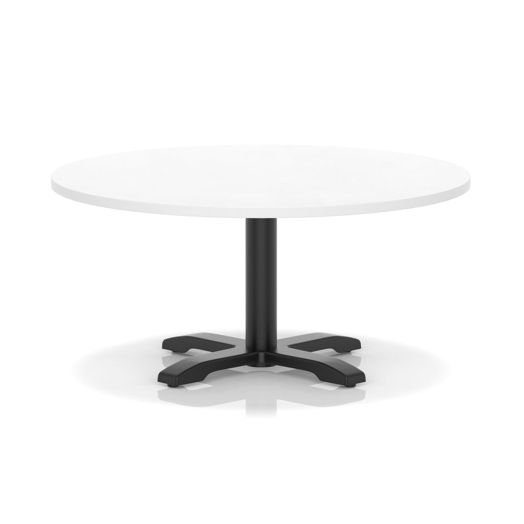 White round coffee table with black metal base on a white background