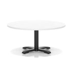 White round coffee table with black metal base on a white background