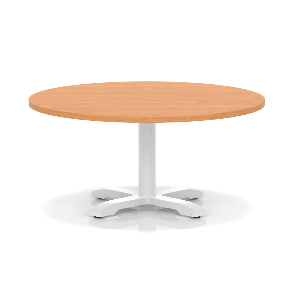 Round coffee table with grey wood-effect top and white metal base on a white background