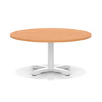 Round coffee table with grey wood-effect top and white metal base on a white background