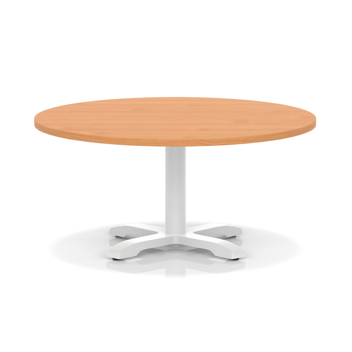 Round coffee table with grey wood-effect top and white metal base on a white background