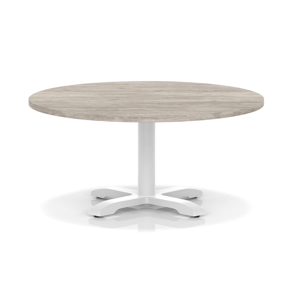Round coffee table with grey wood-effect top and white metal base on a white background