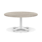 Round coffee table with grey wood-effect top and white metal base on a white background