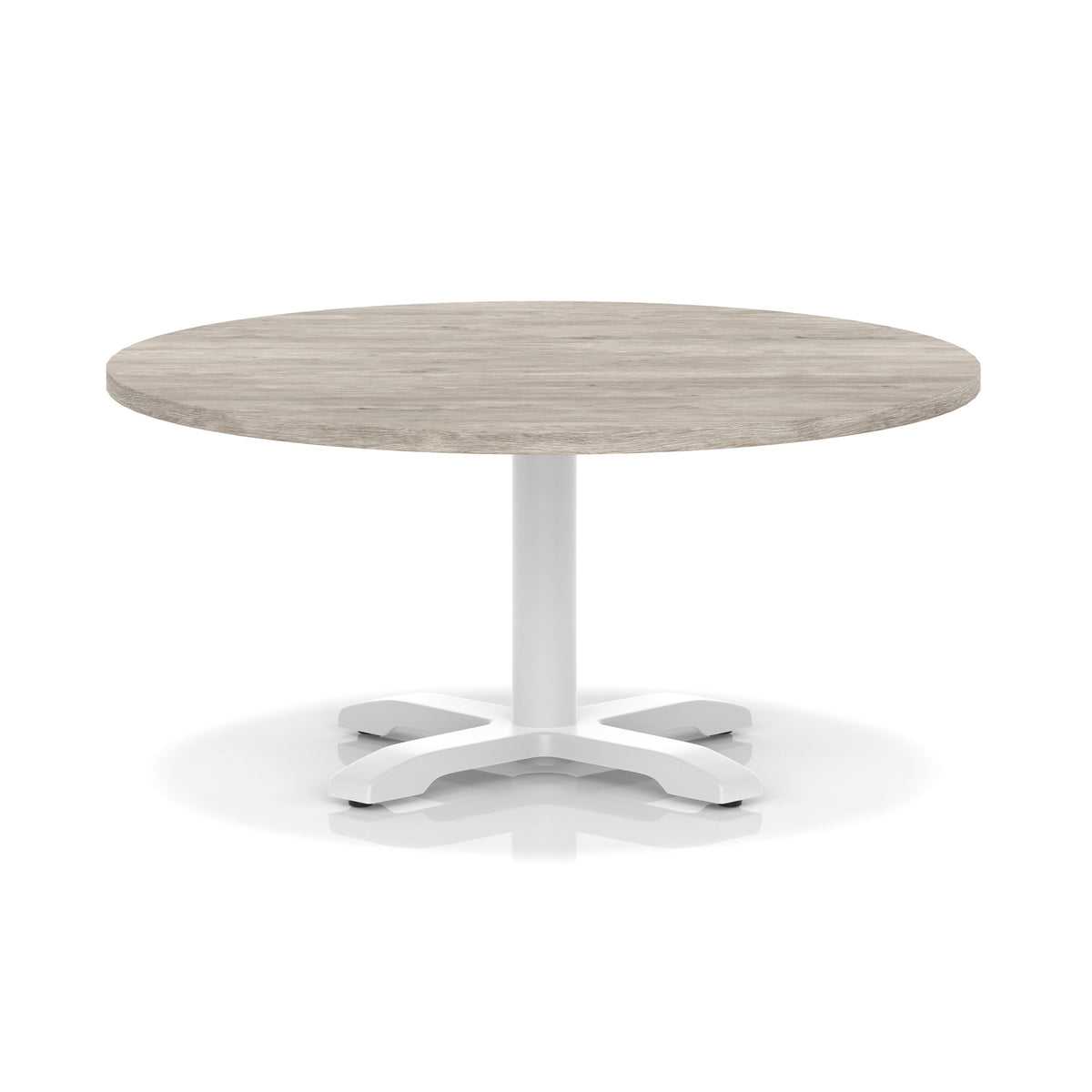 Round coffee table with grey wood-effect top and white metal base on a white background