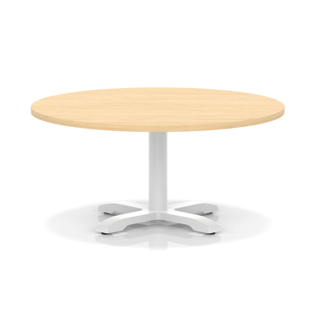 Round coffee table with wood-effect top and white metal base on a white background