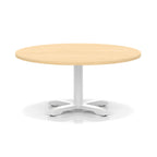 Round coffee table with wood-effect top and white metal base on a white background