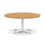 Round coffee table with wood-effect top and white metal base on a white background