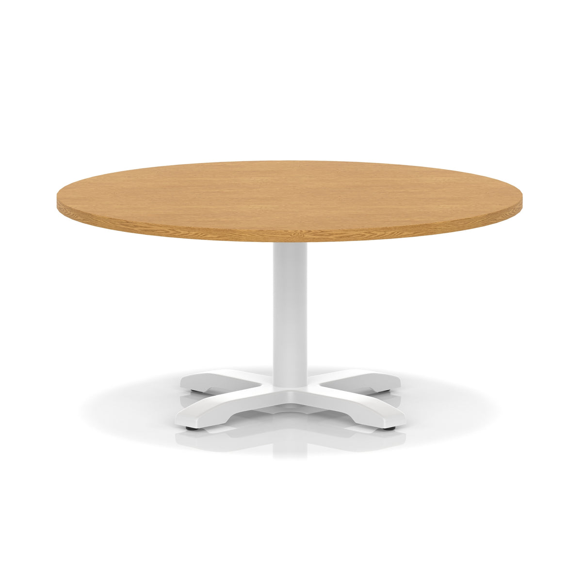 Round coffee table with wood-effect top and white metal base on a white background