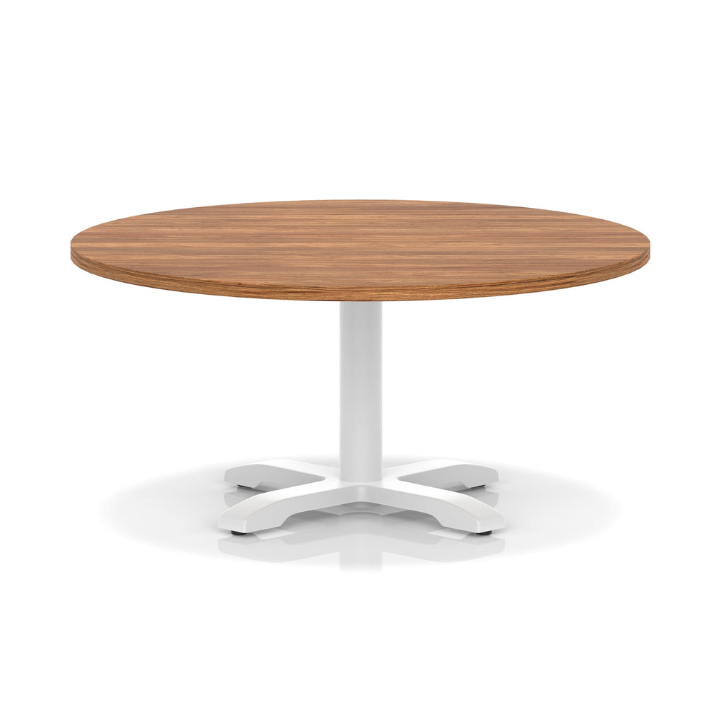 Round coffee table with wood-effect top and white metal base on a white background