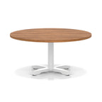 Round coffee table with wood-effect top and white metal base on a white background