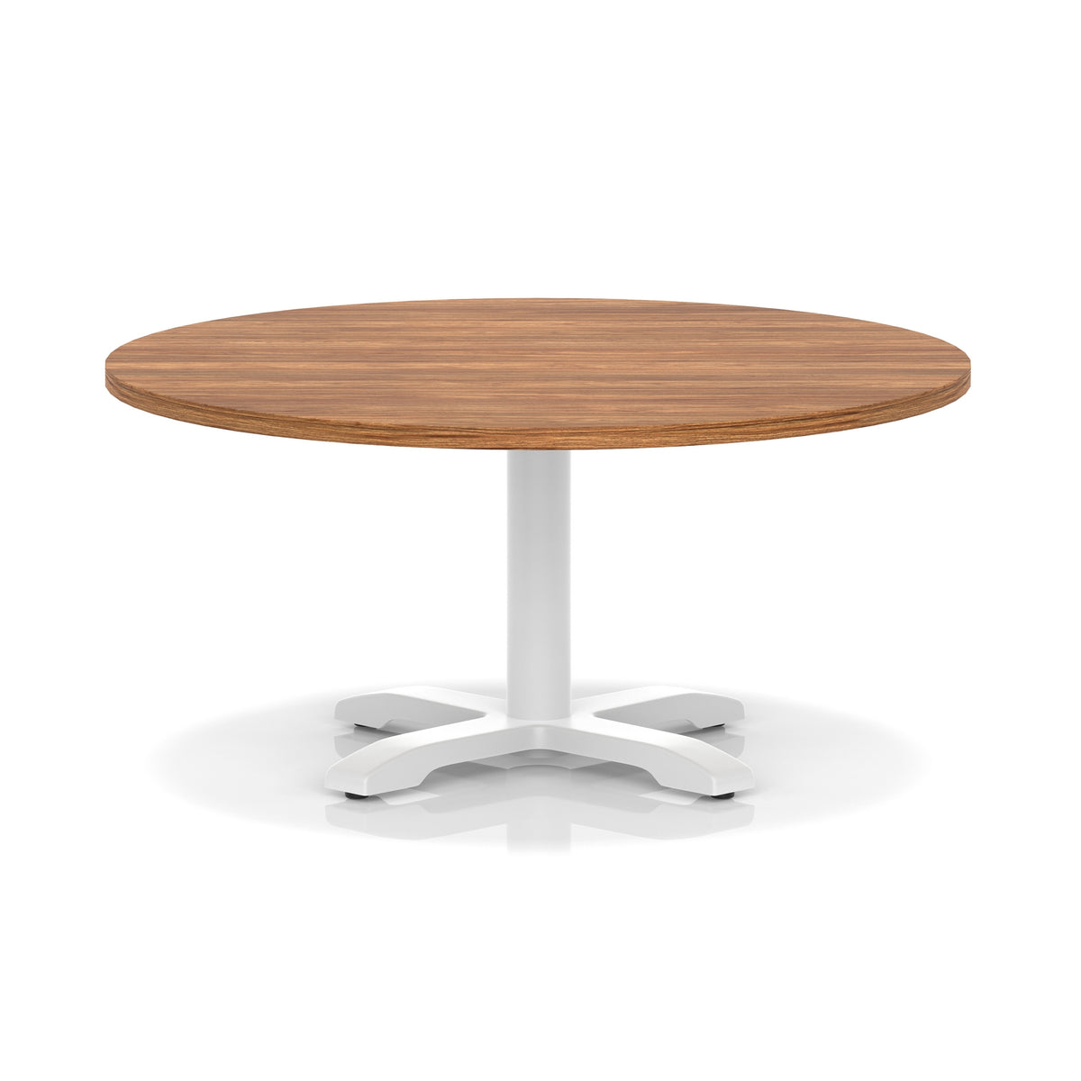 Round coffee table with wood-effect top and white metal base on a white background