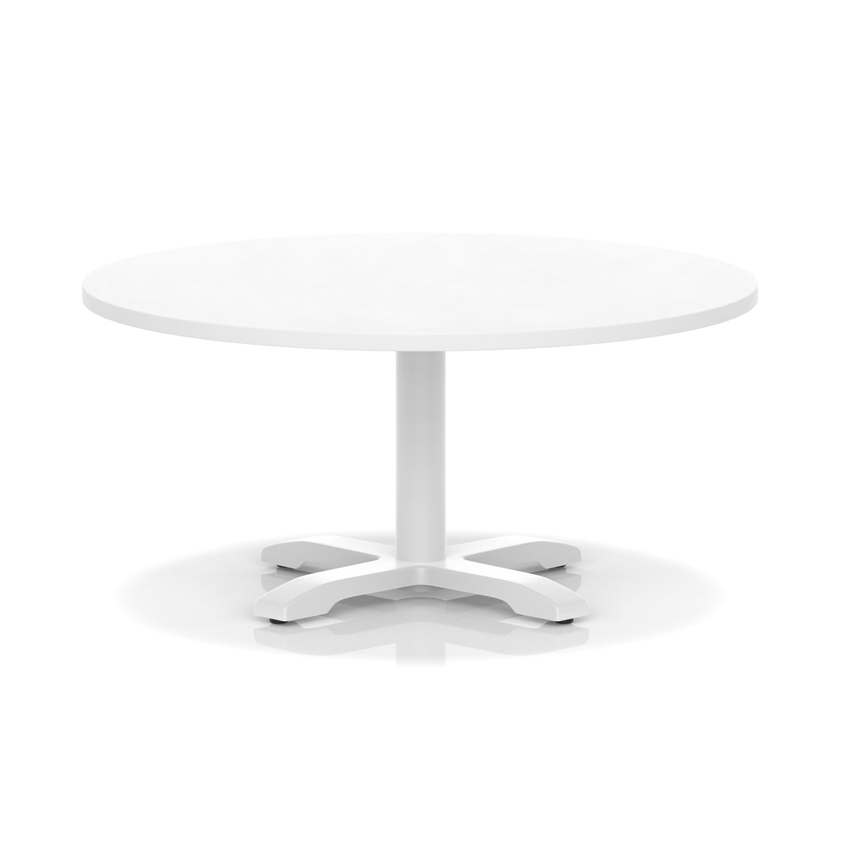 White round coffee table with metal base on a white background