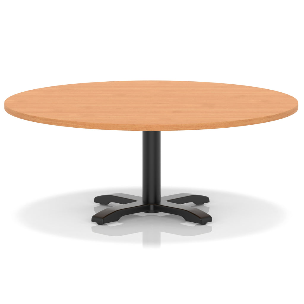 Round coffee table with grey wood-effect top and black metal base on a white background