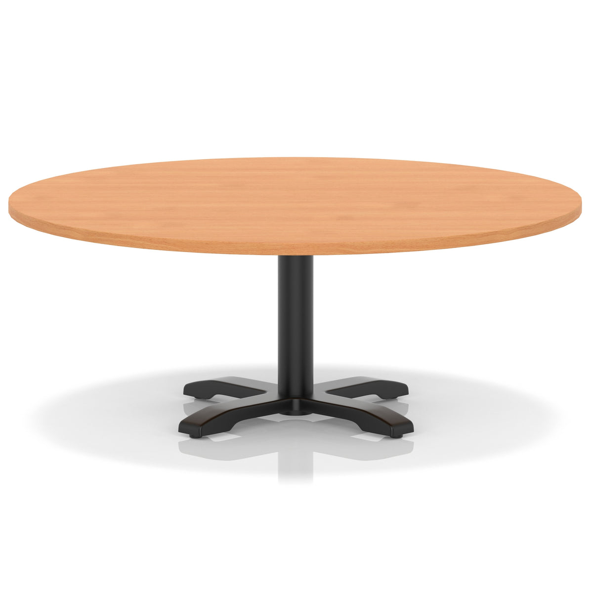 Round coffee table with grey wood-effect top and black metal base on a white background