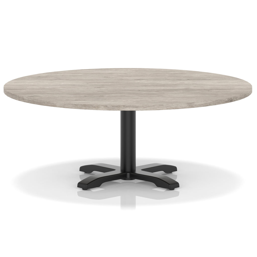 Round coffee table with grey wood-effect top and black metal base on a white background