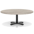 Round coffee table with grey wood-effect top and black metal base on a white background