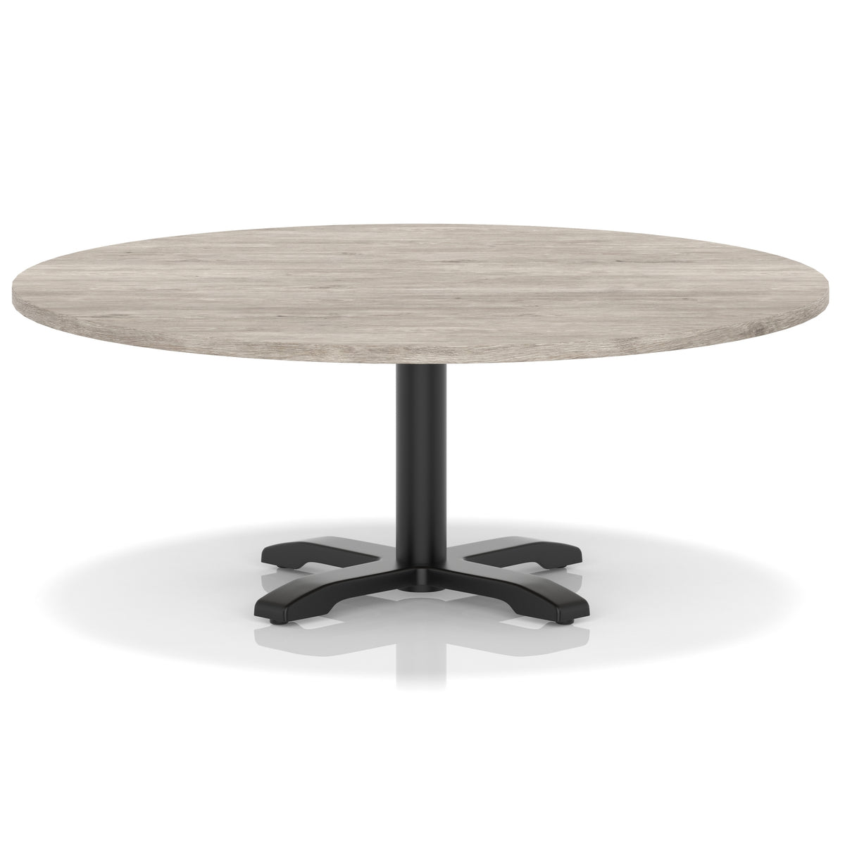 Round coffee table with grey wood-effect top and black metal base on a white background