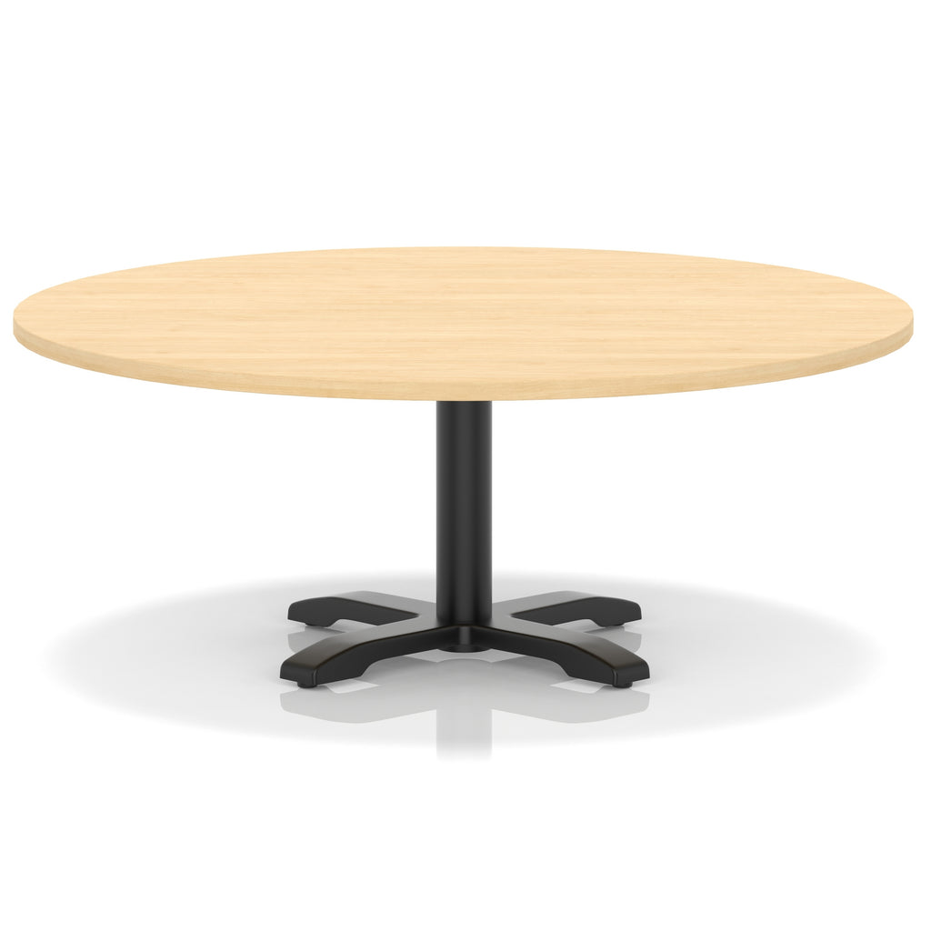 Round coffee table with wood-effect top and black metal base on a white background