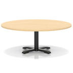 Round coffee table with wood-effect top and black metal base on a white background