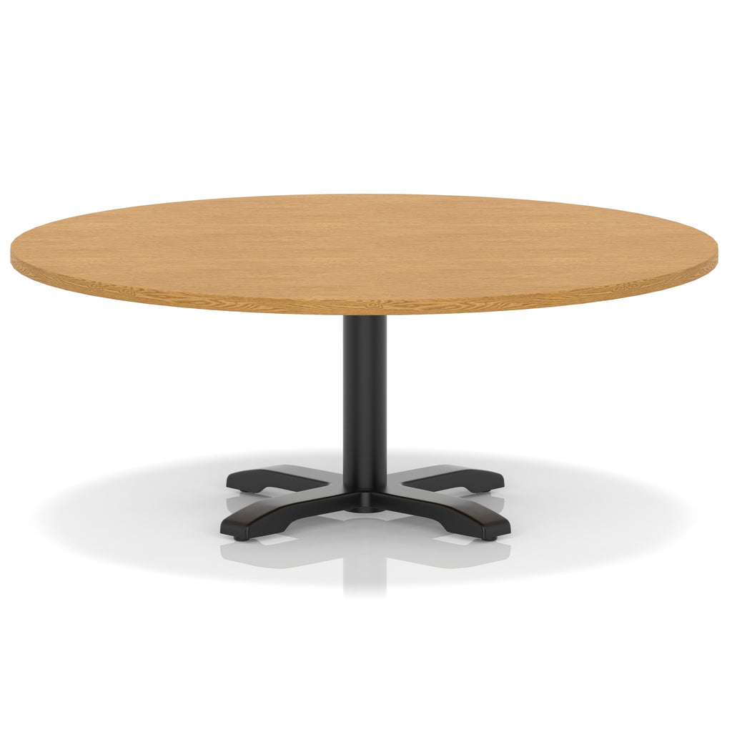 Round coffee table with wood-effect top and black metal base on a white background