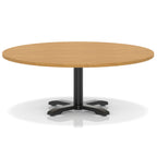 Round coffee table with wood-effect top and black metal base on a white background