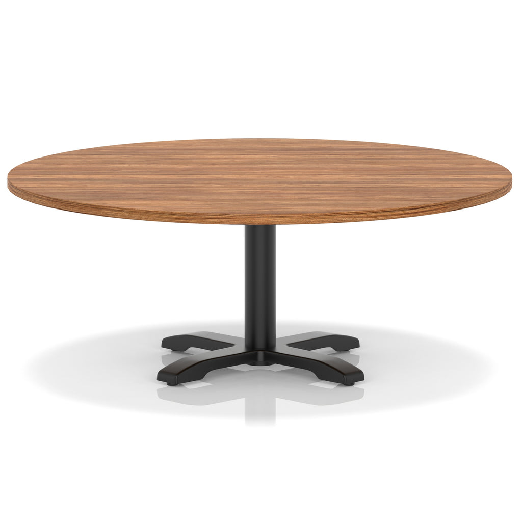 Round coffee table with wood-effect top and black metal base on a white background