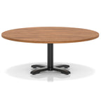 Round coffee table with wood-effect top and black metal base on a white background