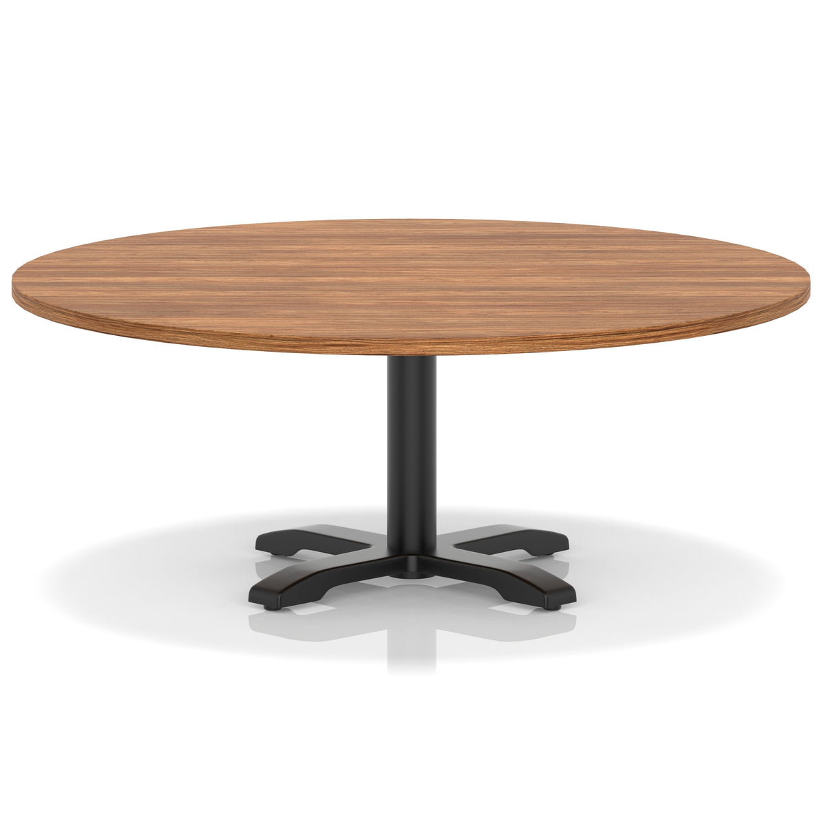 Round coffee table with wood-effect top and black metal base on a white background