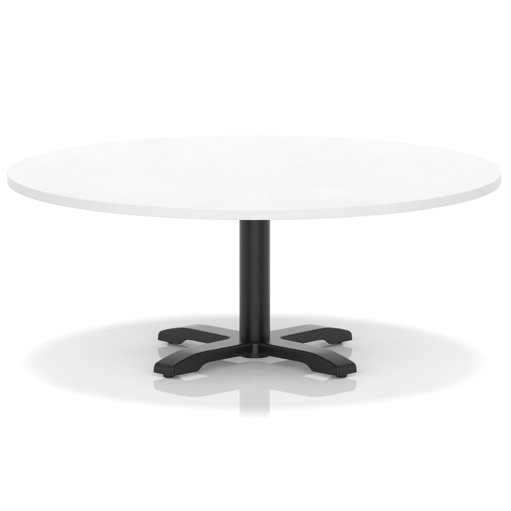 White round coffee table with black metal base on a white background