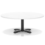White round coffee table with black metal base on a white background