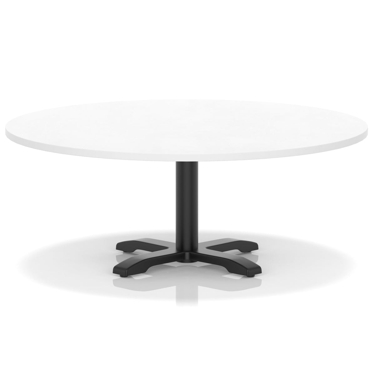 White round coffee table with black metal base on a white background