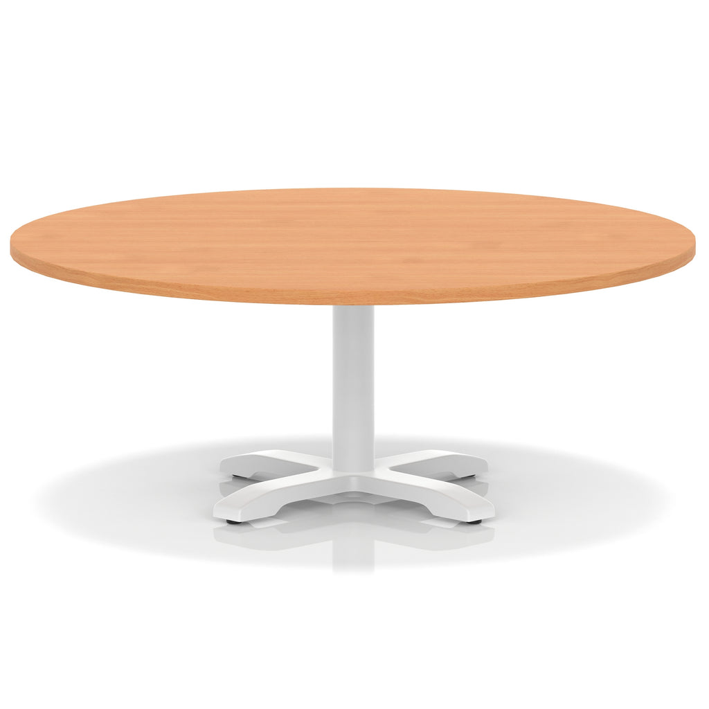 Round coffee table with grey wood-effect top and white metal base on a white background