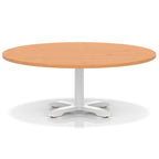 Round coffee table with grey wood-effect top and white metal base on a white background