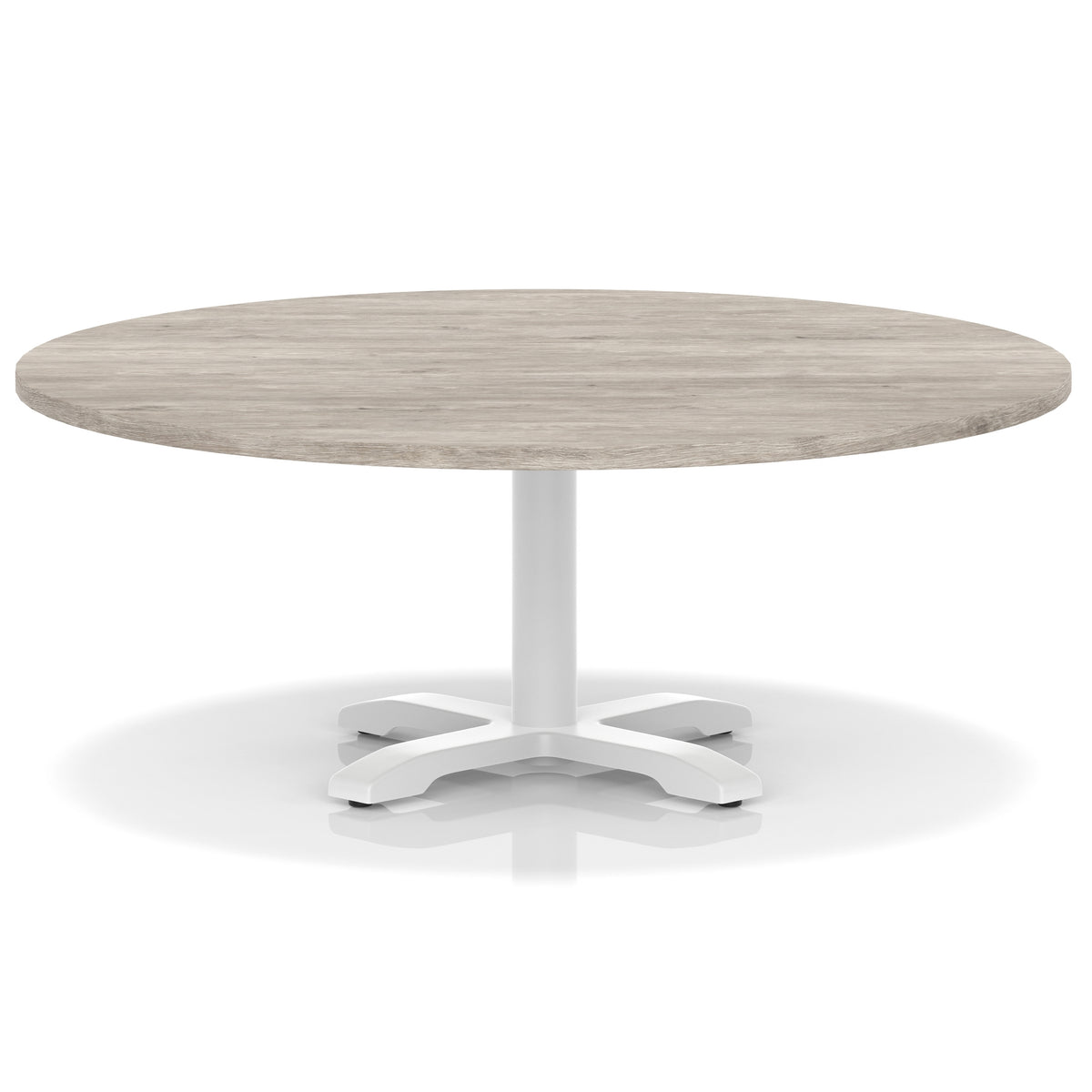 Round coffee table with grey wood-effect top and white metal base on a white background