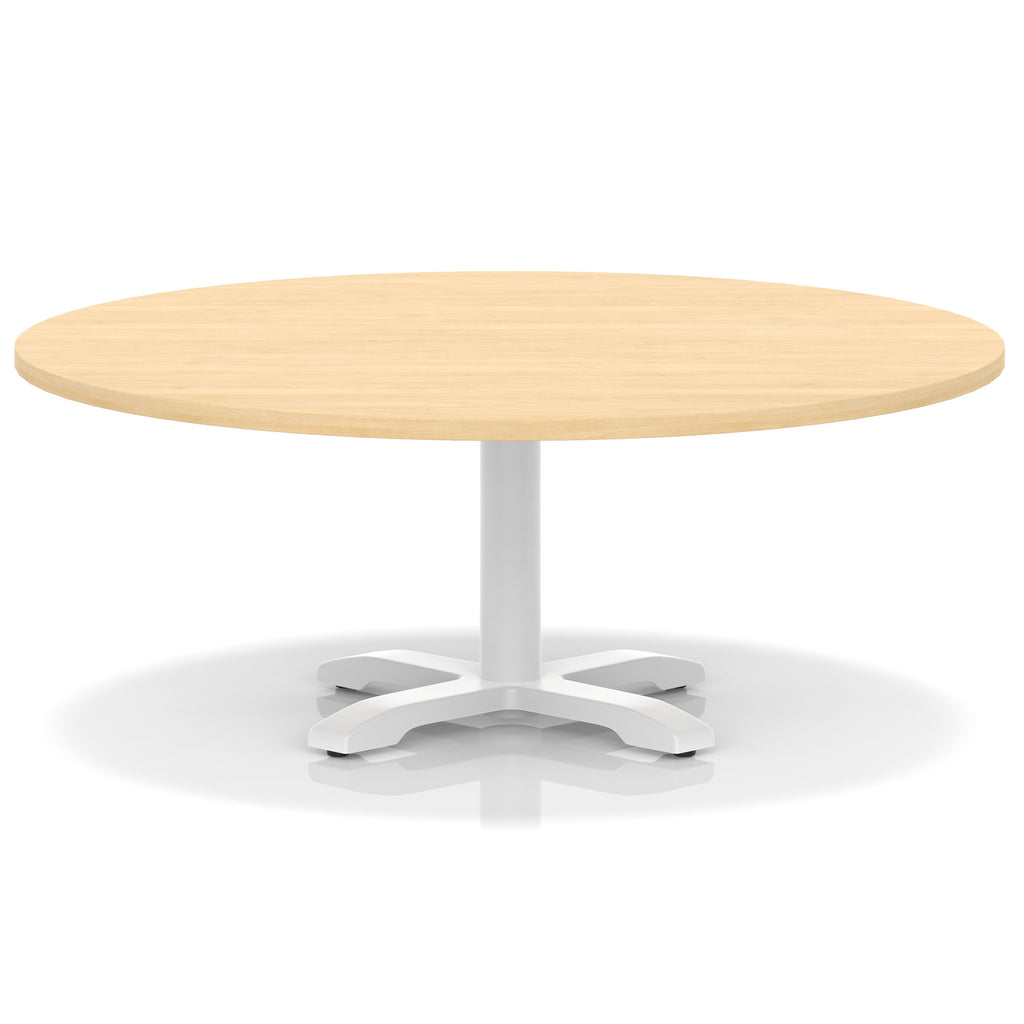 Round coffee table with wood-effect top and white metal base on a white background