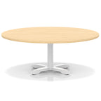 Round coffee table with wood-effect top and white metal base on a white background